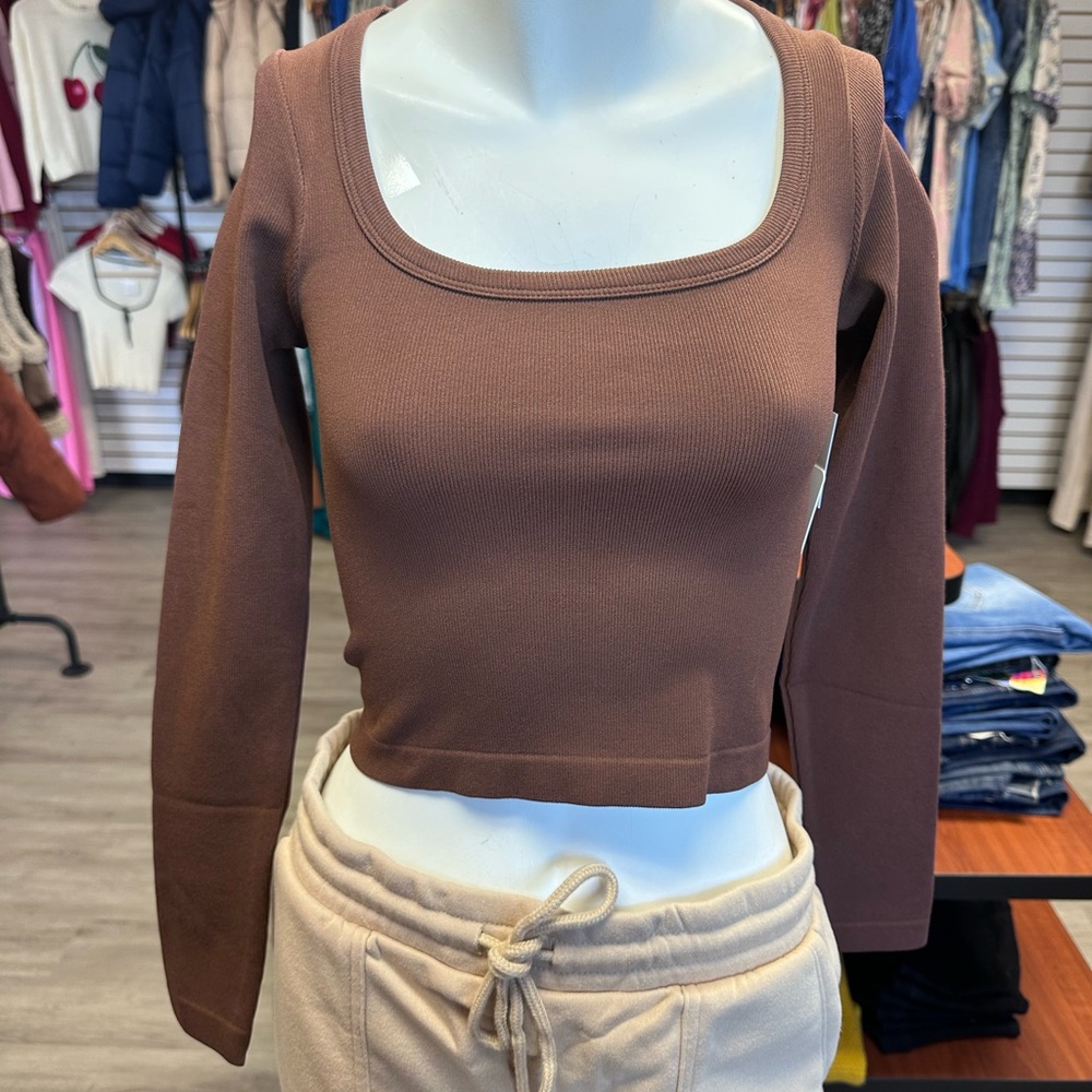 Chocolate Brown Long Sleeve Ribbed Pilates Square Neck Compression Top